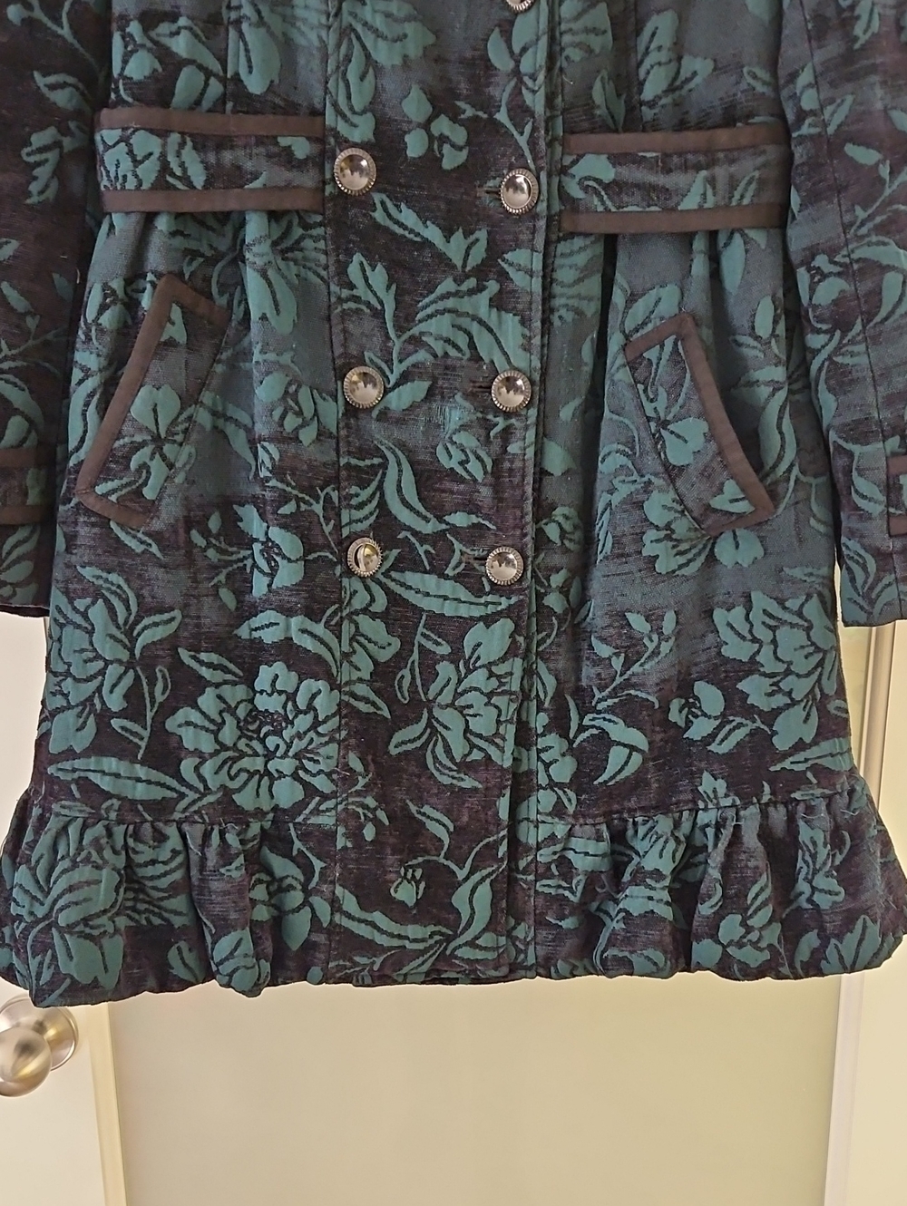 VTG Anthropologie Elevenses Brocade Ruffle Trench Co Size 12 - Picture 8 of 13